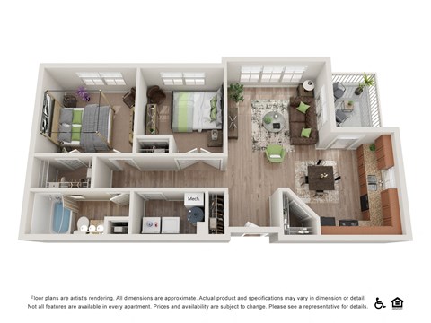 Floor plan for 2 beds, 1 bath, 931 sqft